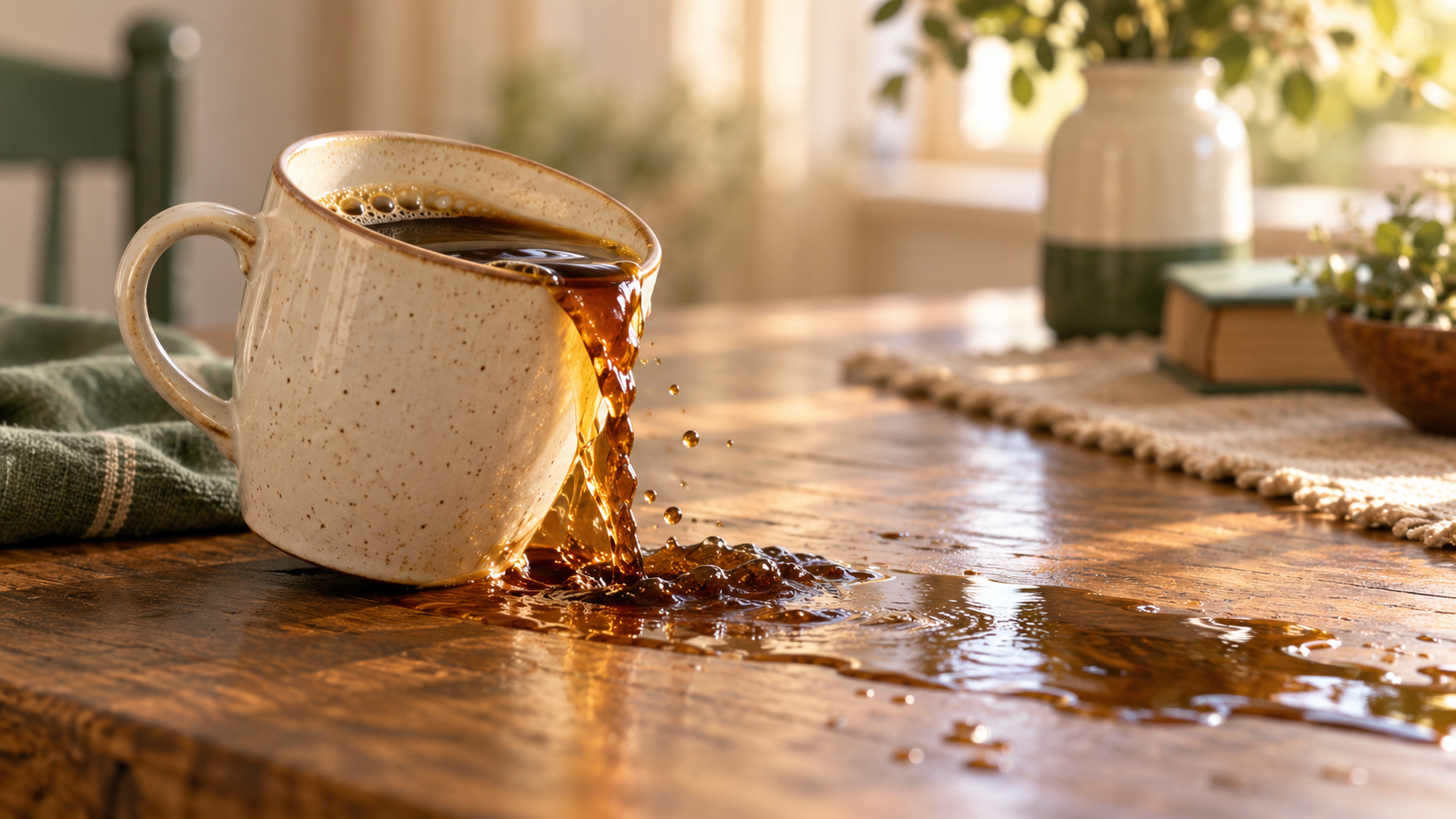 Coffee spilling from a cup after it has been bumped